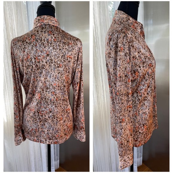 Vintage 70s top, abstract brown pattern, long sleeves blouse, size Large - Picture 4 of 6
